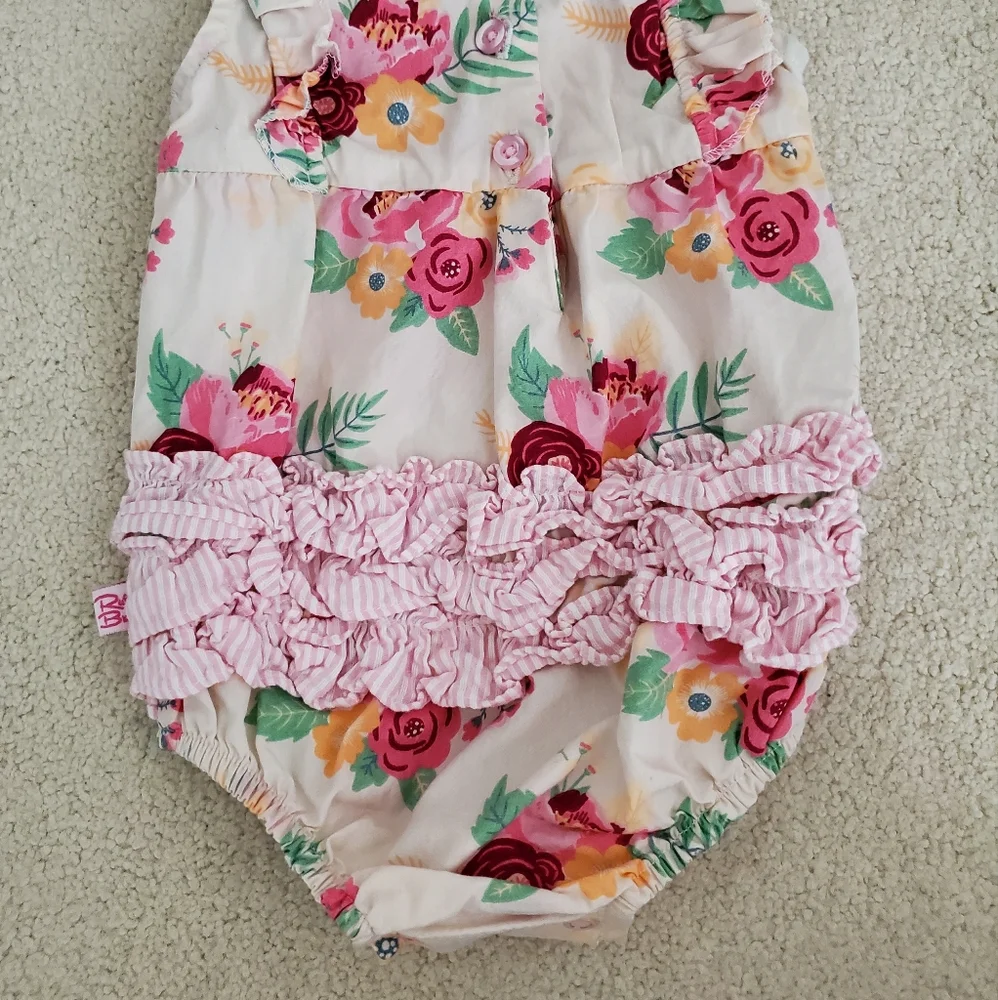 Ruffle Butts Baby Girl Pink Floral Romper Bubble with Ruffles sz3-6m